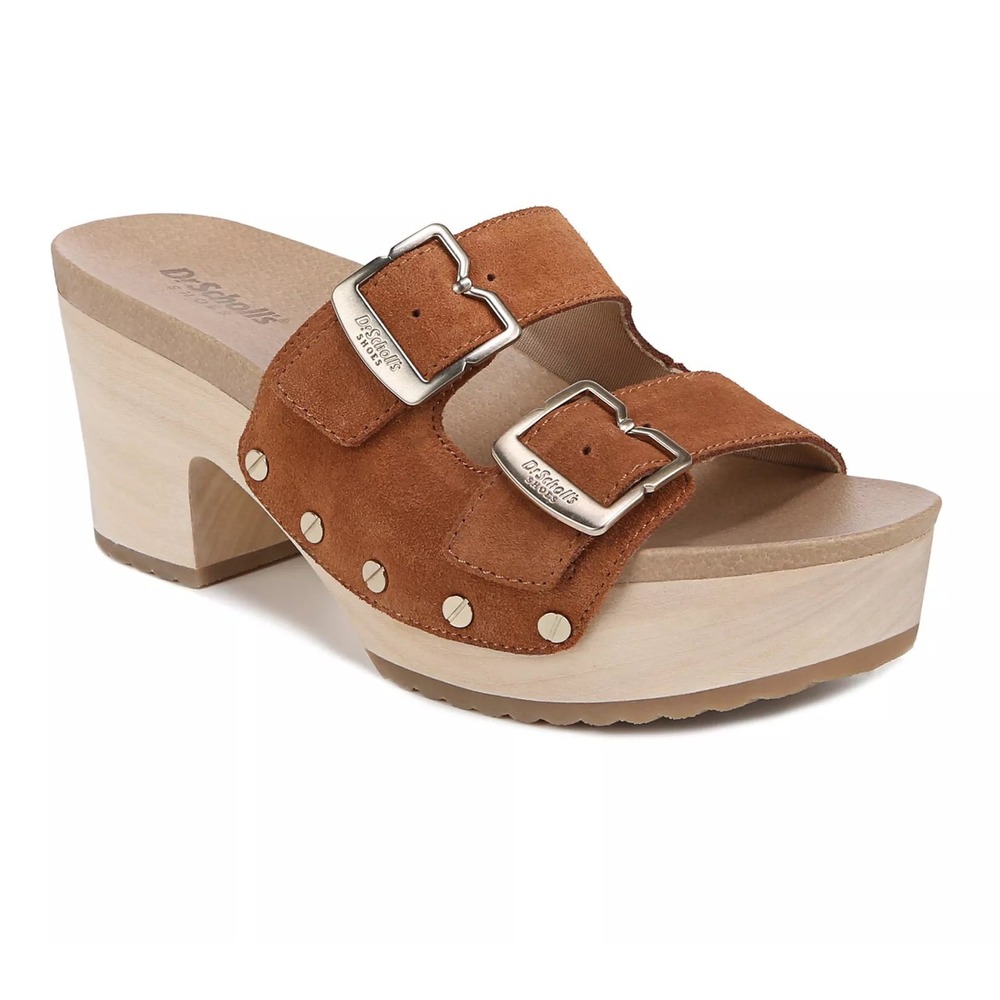 Dr. Scholls Original Vibe Collection Suede Clog Sandals Brown Wood Platform Heel